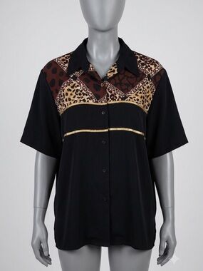 Delta Burke Black Short-Sleeve Button-Down Shirt with Leopard Print Panels